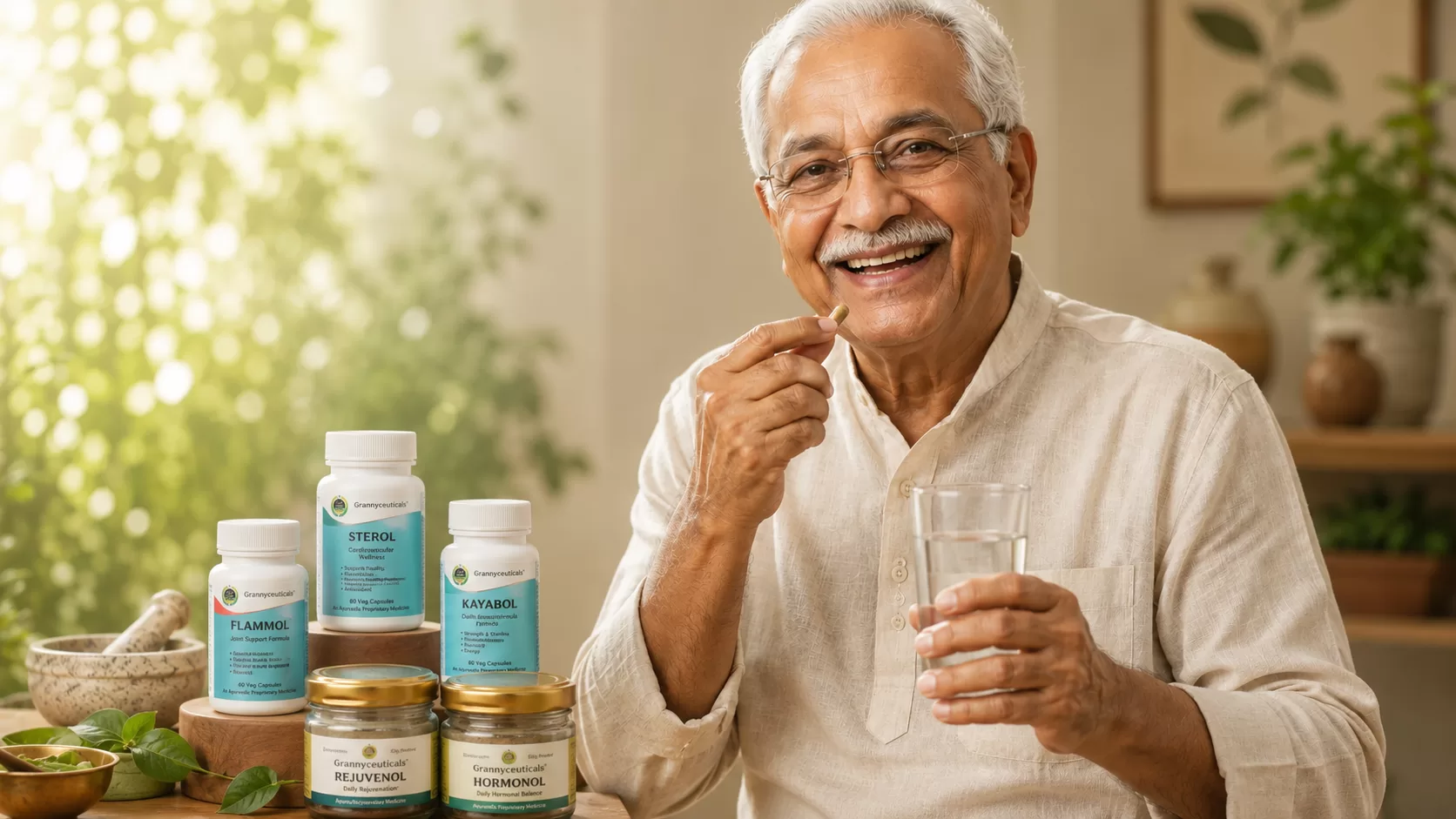 Happy senior man holding a wellness capsule and glass of water